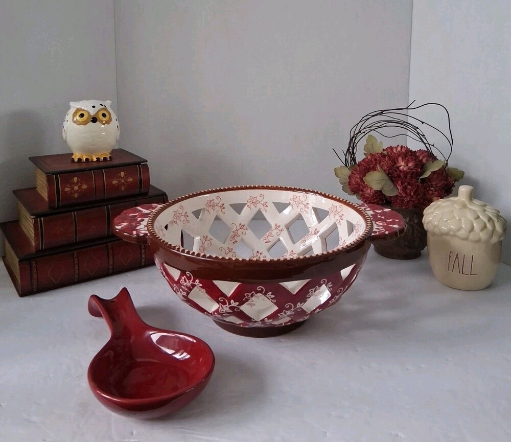 Temptations Cranberry Red Floral Lace Bread Basket Bowl & Spoon Rest 2 Pc Set